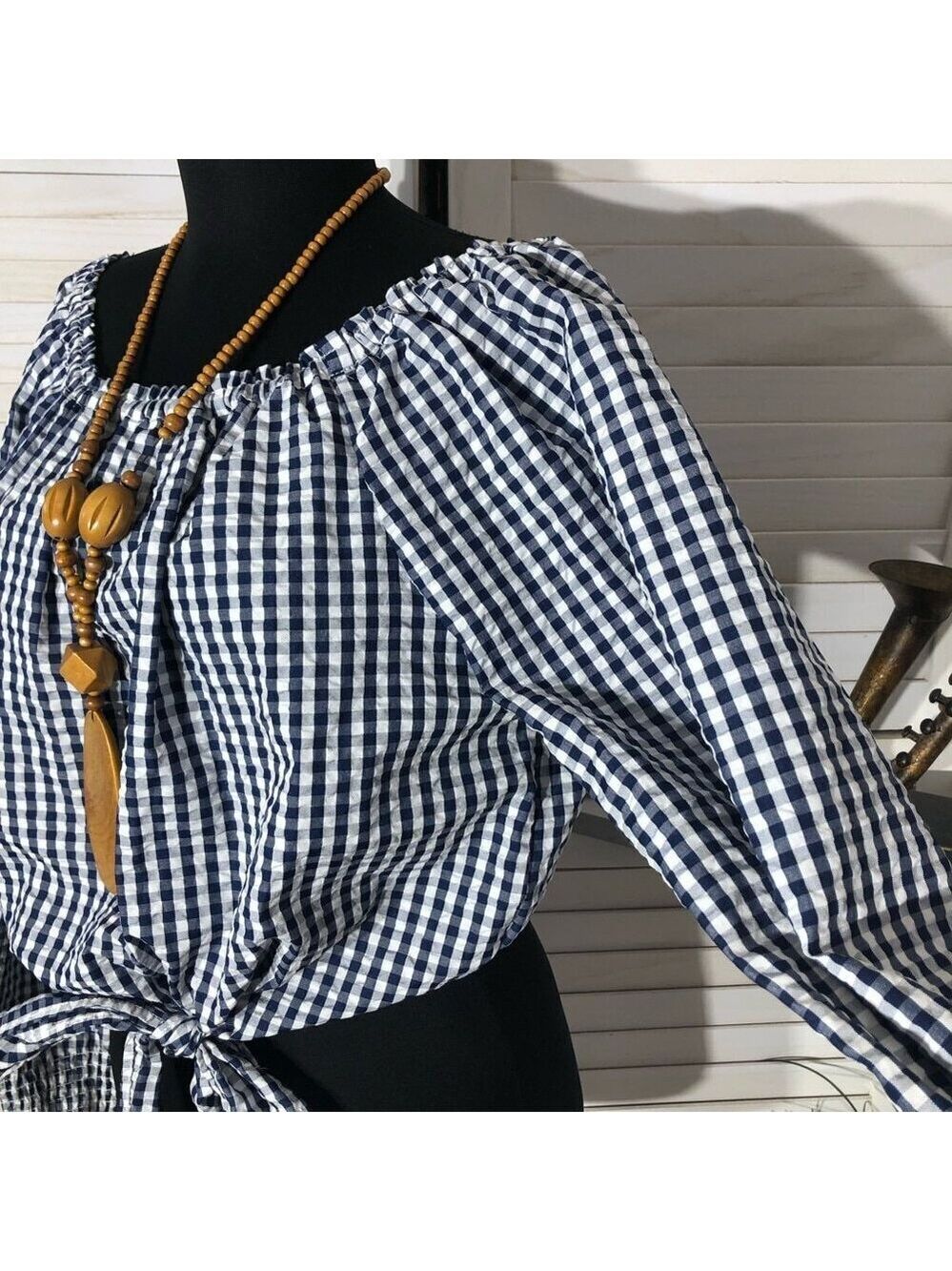 Gingham blouse off-shoulder tie waist coastal country cottage western festival M - Picture 7 of 9